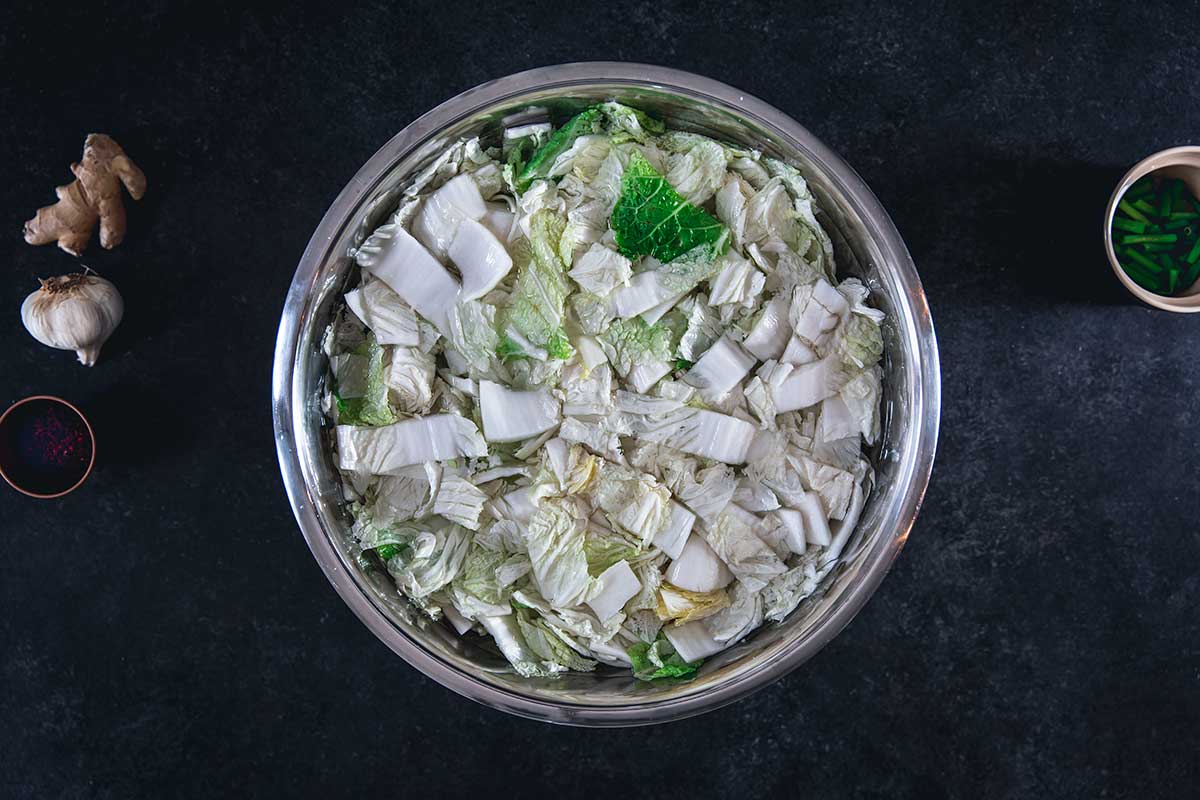 Kimchi ingredients in a large bowl