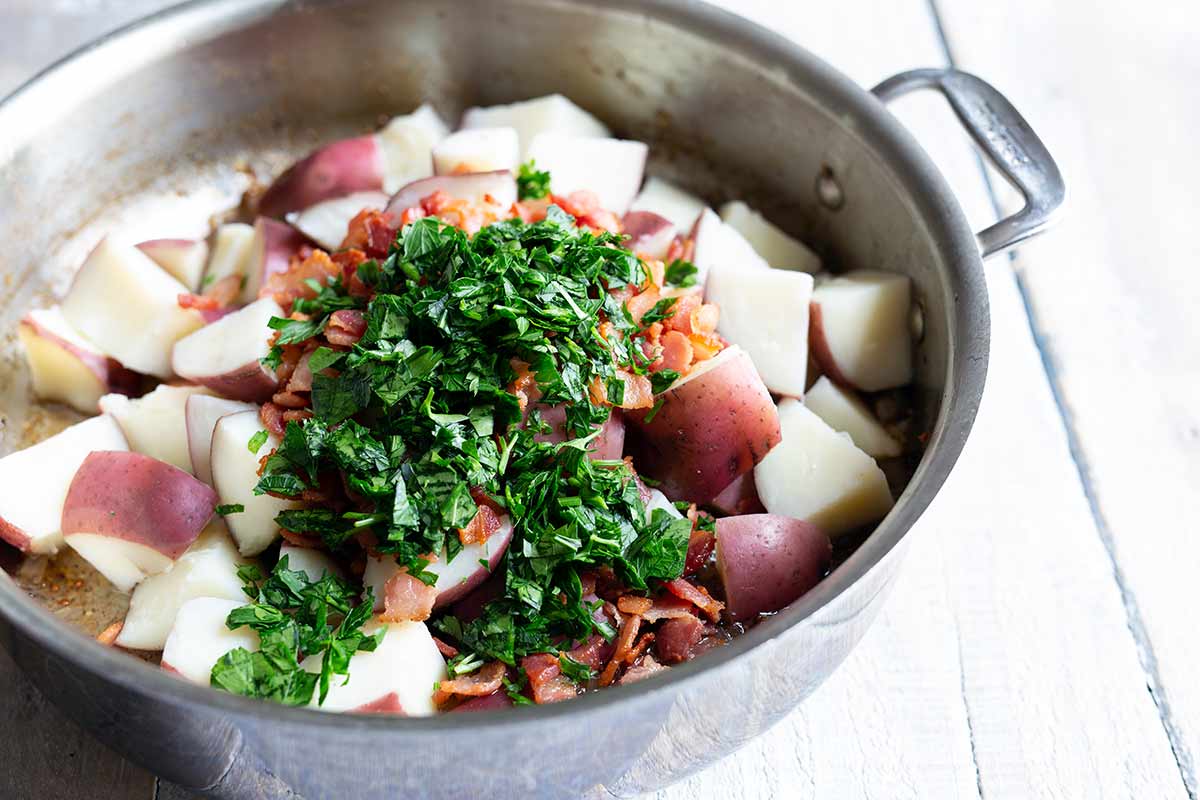 Ingredients for potato salad in skillet before combining 