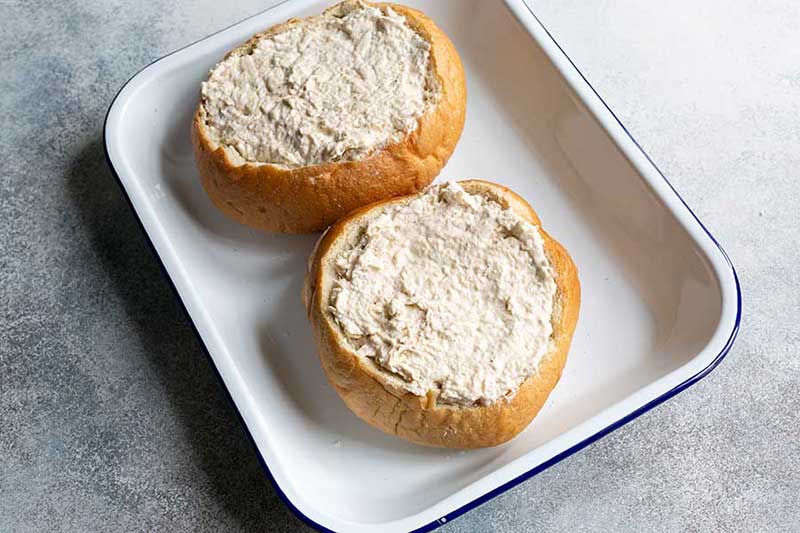 Crab dip pressed into sourdough bread