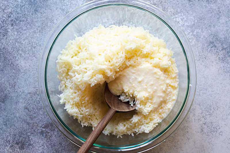 stirring in the hot cream and butter mixture