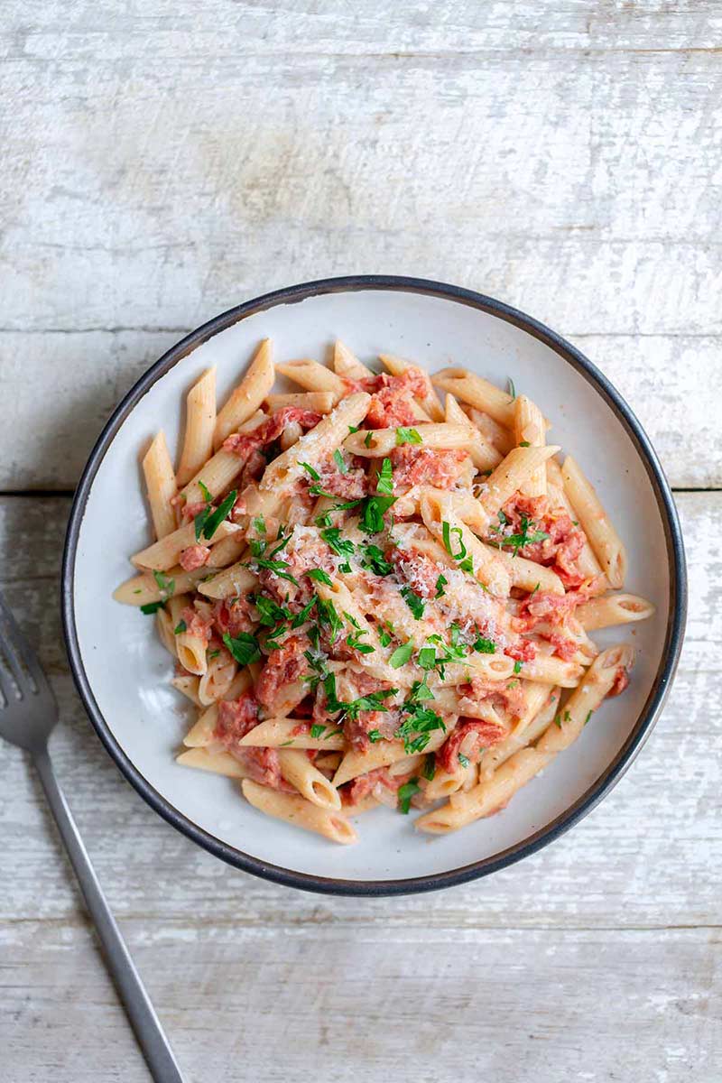 Penne Alla Vodka recipe prepared from whole peeled tomatoes. 