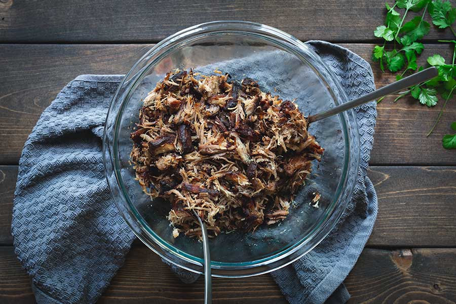 Shredded pork carnitas in a bowl