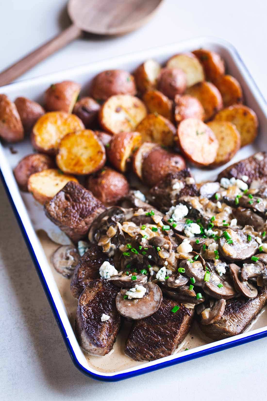 Steak tips with blue cheese and potatoes