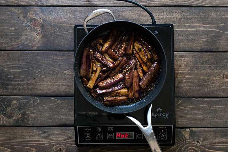 closeup of the finished Chinese eggplant in the skillet 