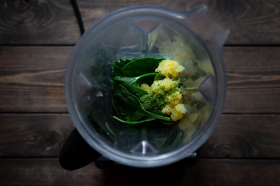 Ingredients in a blender shot from overhead