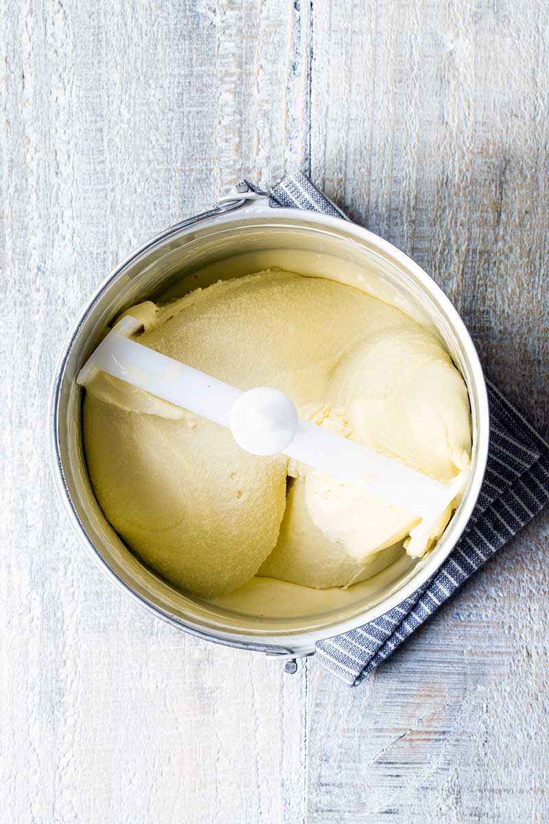 Olive oil ice cream spun in an ice cream maker