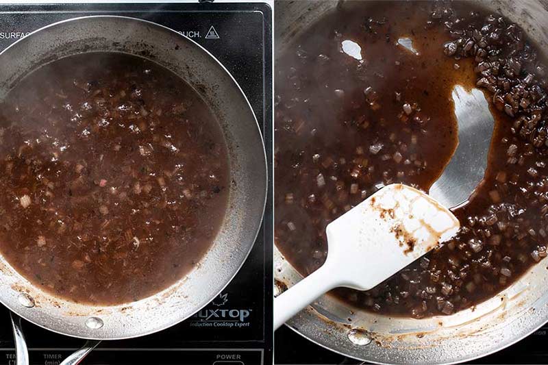 Stirring the thickened pan sauce reduction with a spatula