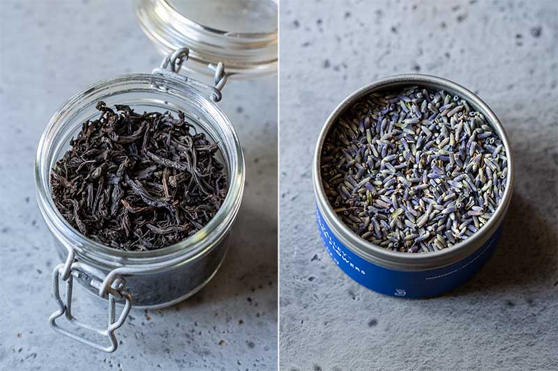 Loose black tea and dried lavender side-by-side