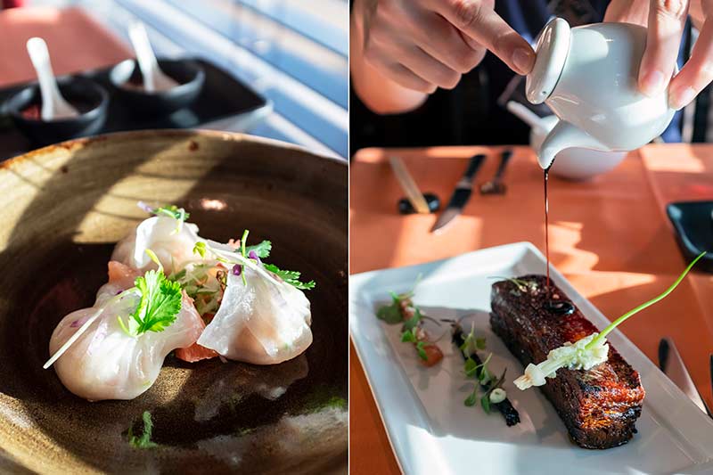 Photos of dumplings and pork belly from Ji Ji Asian Kitchen on Carnival