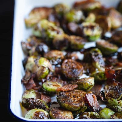 balsamic bacon Brussel sprouts in square serving pan