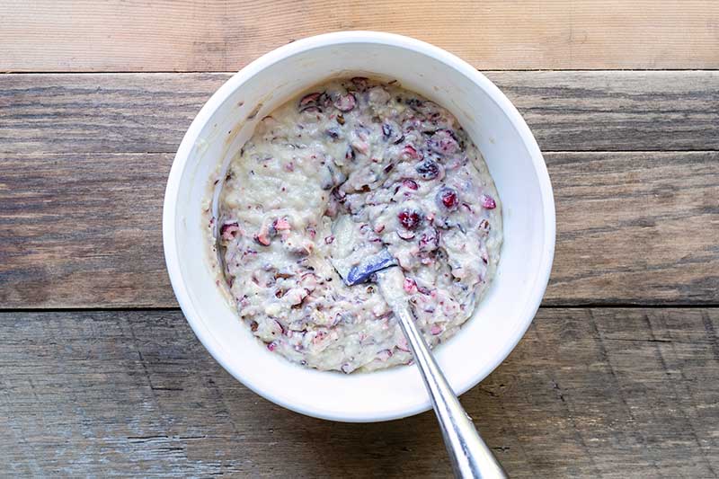 Muffin batter combined in a bowl