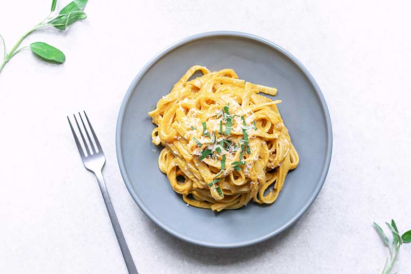 plate of pasta with pumpkin sauce next to a fork