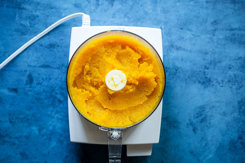 Homemade pumpkin puree in a food processor