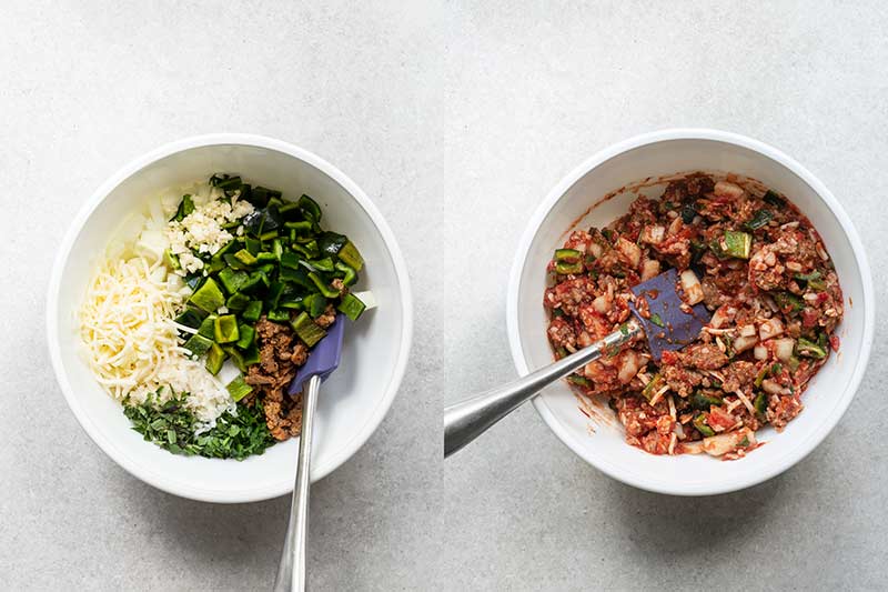 Side-by-side photos of filling, both before and after mixing ingredients