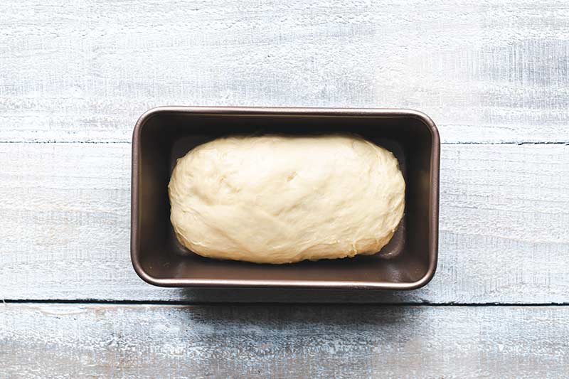 Shaped dough in a loaf pan before the final rise.