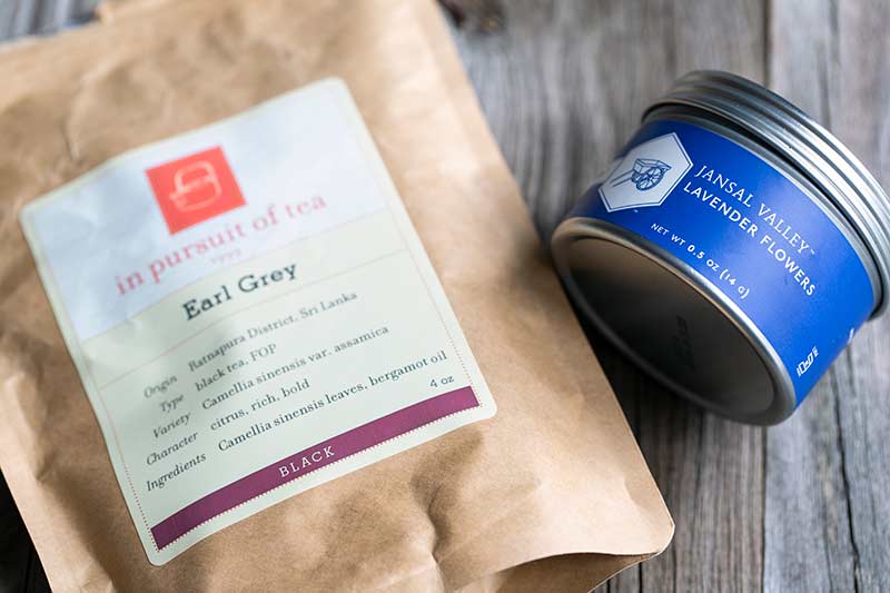 Earl Grey tea and culinary lavender, side by side.