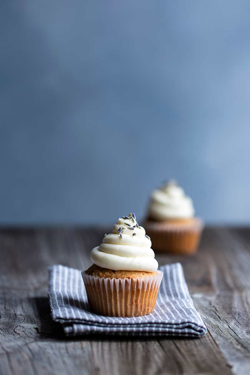 Two Earl Grey Cupcakes with Lavender Frosting.