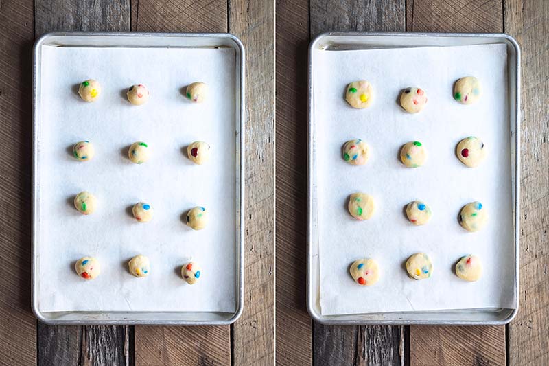 Side-by-side images of cookie dough scooped out and then flatted down on baking sheets lined with parchment
