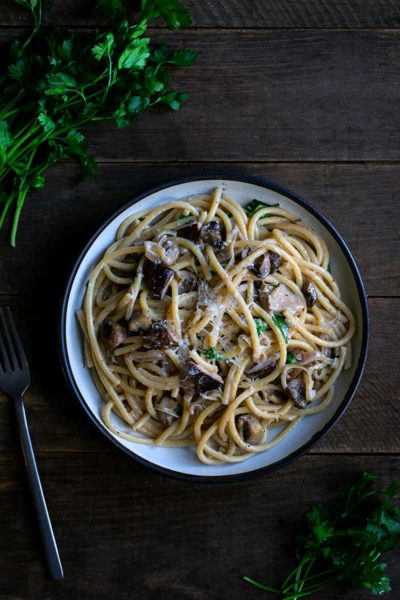 Creamy mushroom pasta recipe on a plate with a fork
