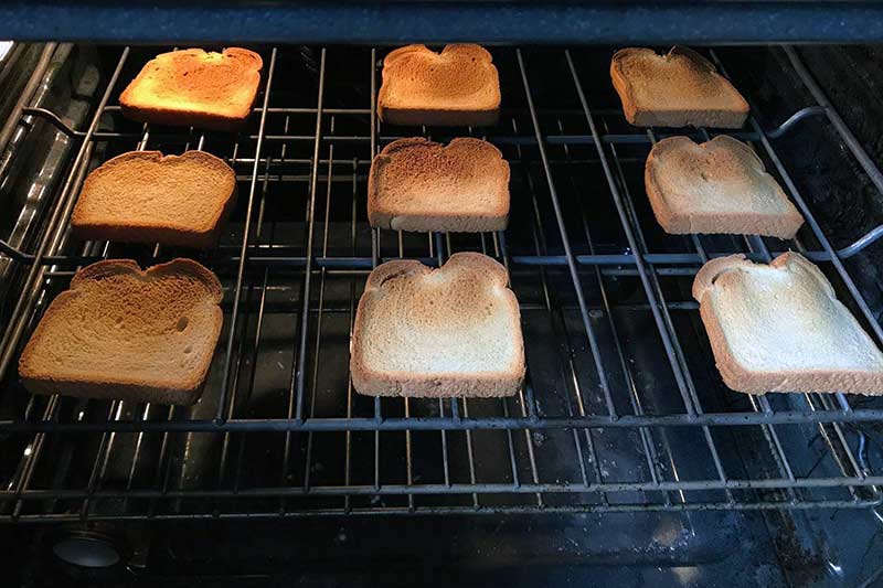 toast lining the inside of an oven shelf