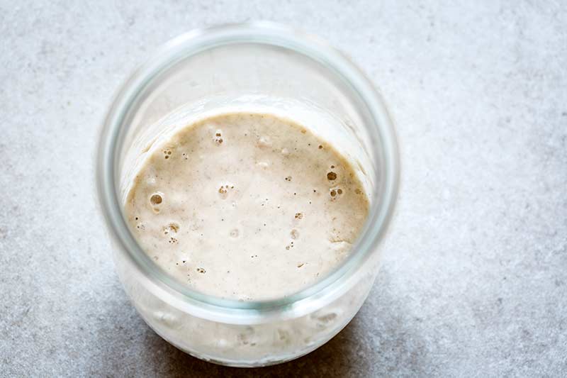 Overhead shot of bubbly sourdough starter