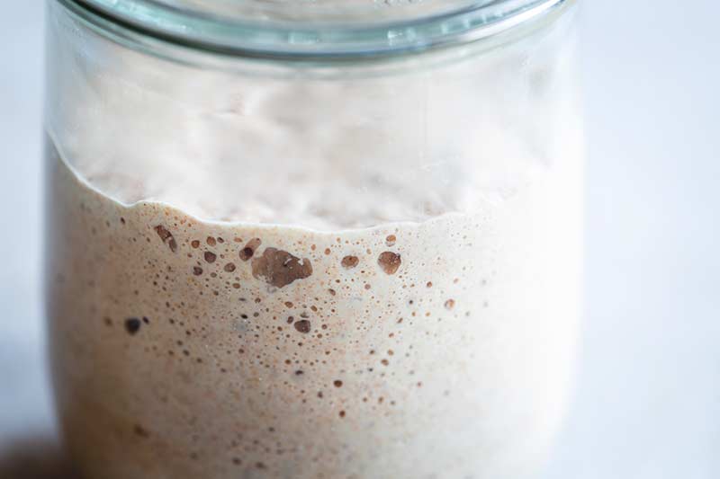  close up of the side of a jar with starter showing large air bubbles