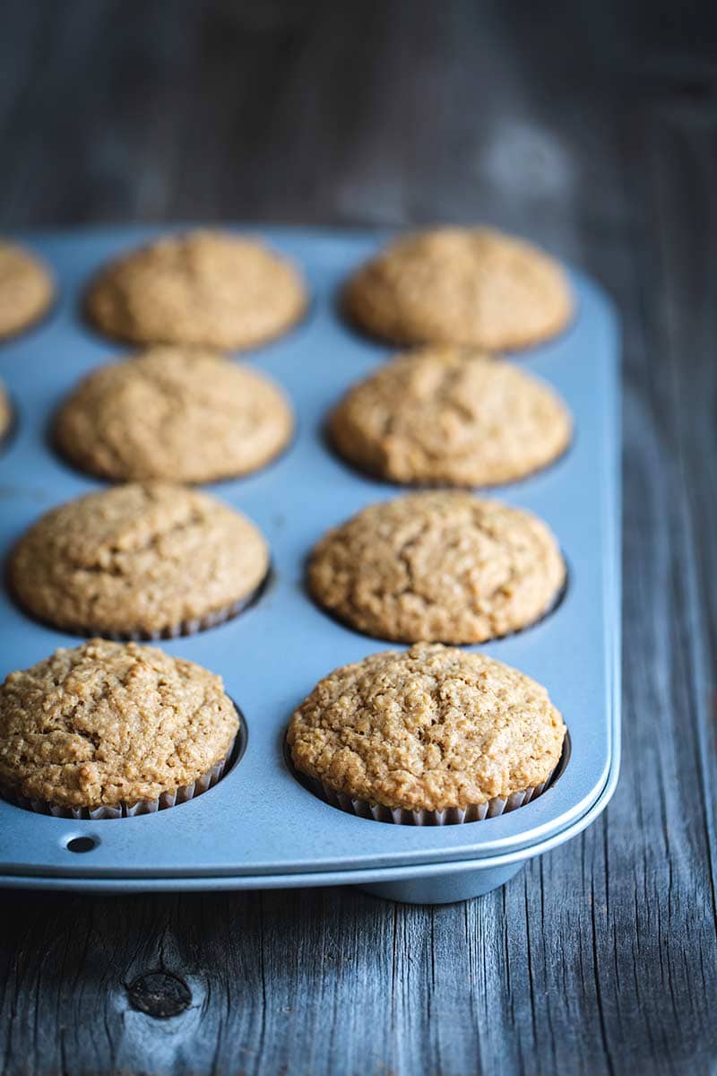 Muffins just out of the oven in baking pan