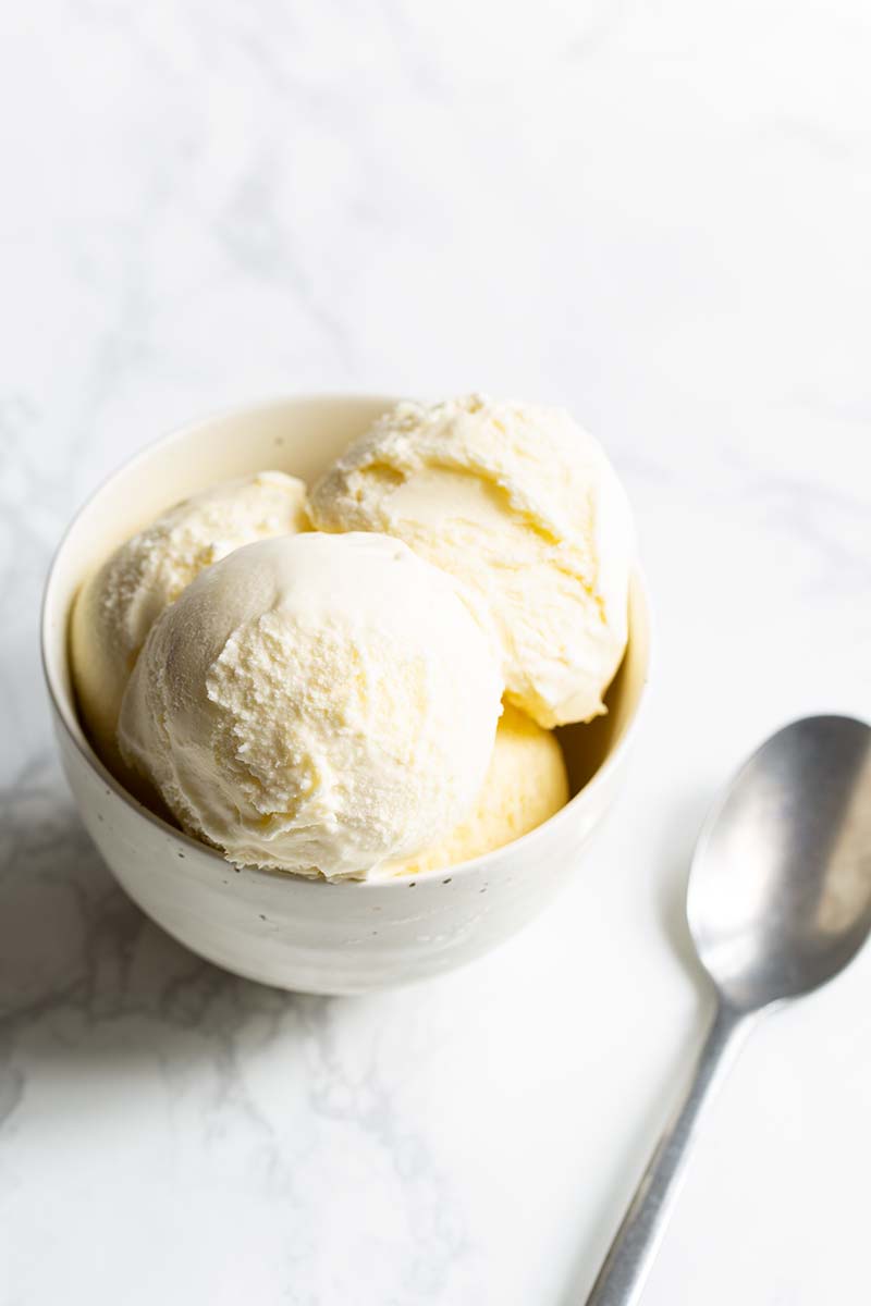 Finished gelato recipe in a bowl with a spoon
