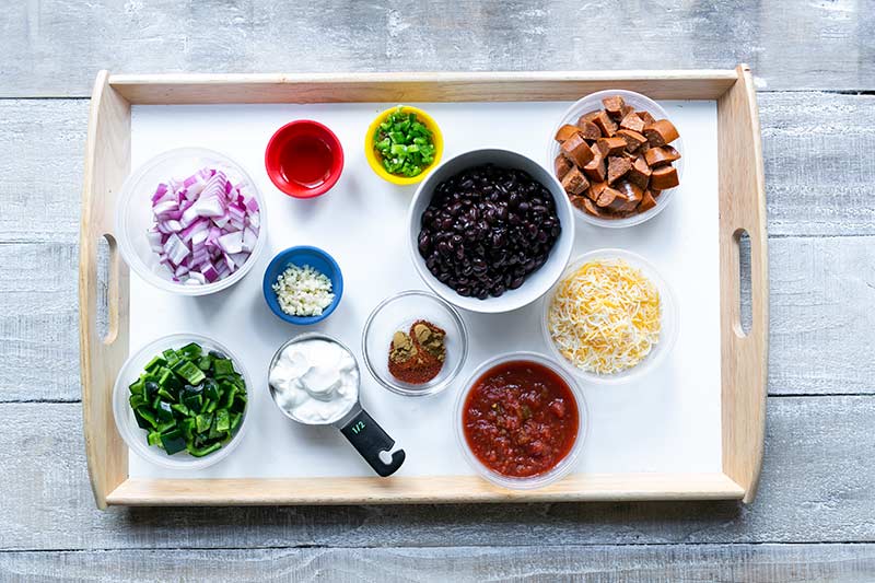 Ingredients on a tray in individual bowls