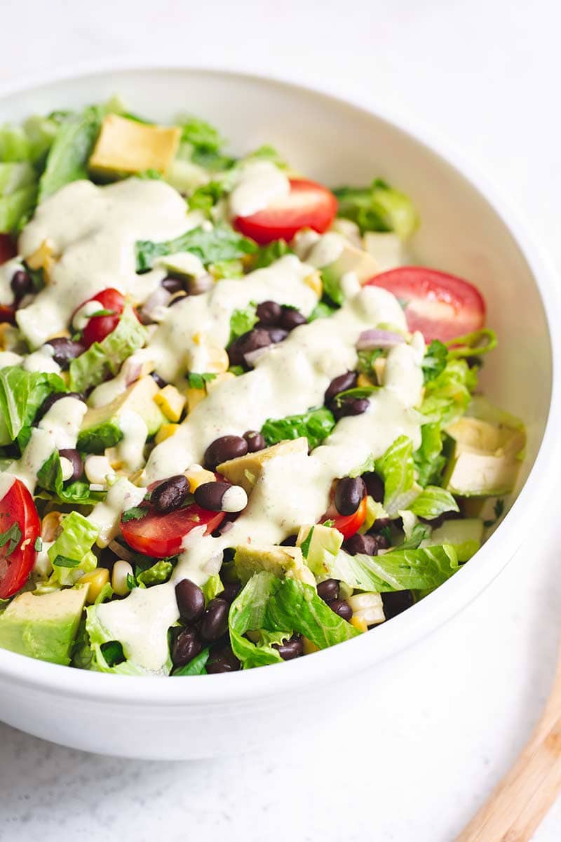 Close up of finished chopped salad in a bowl
